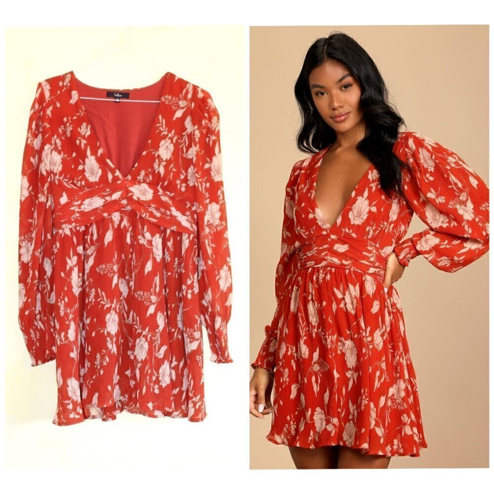 Lulus Autumn Dreams Rust Orange Floral print Mini dress Size XL long sleeves